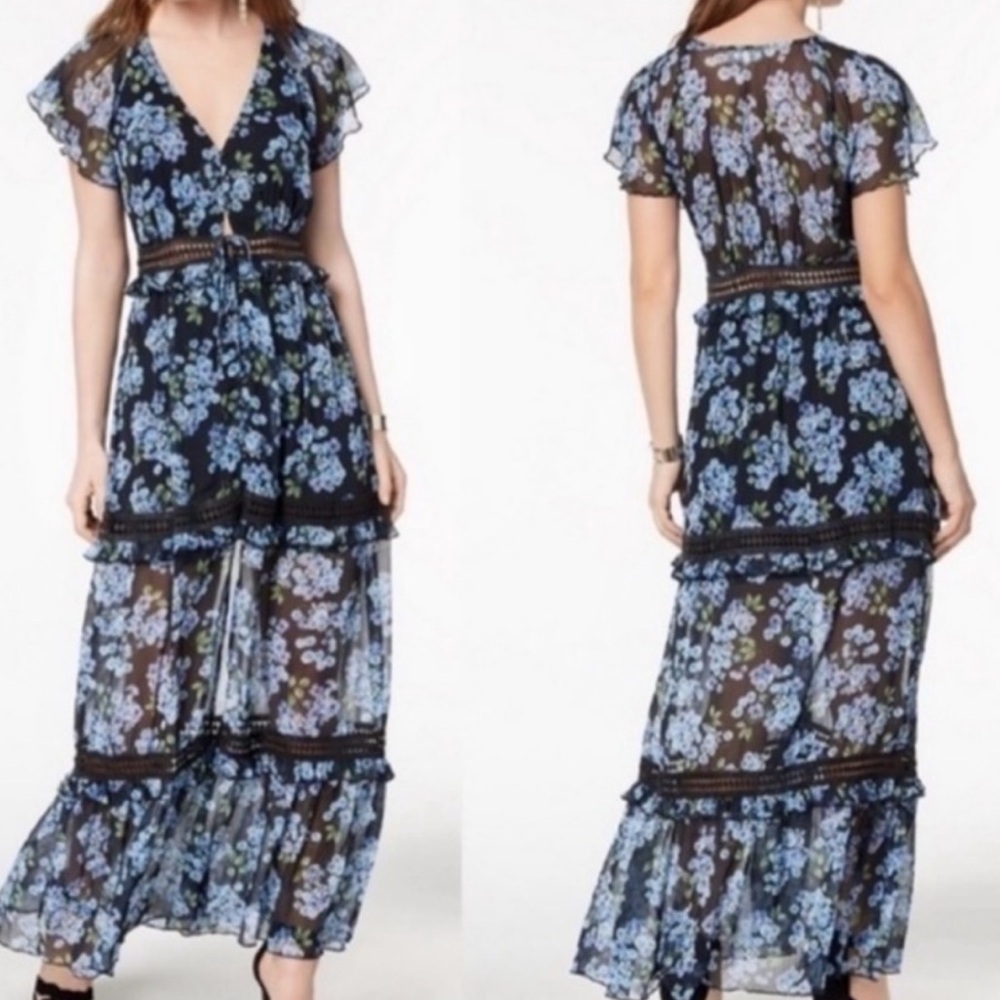 Disney Princess Black Blue Floral V-neck Long Dress